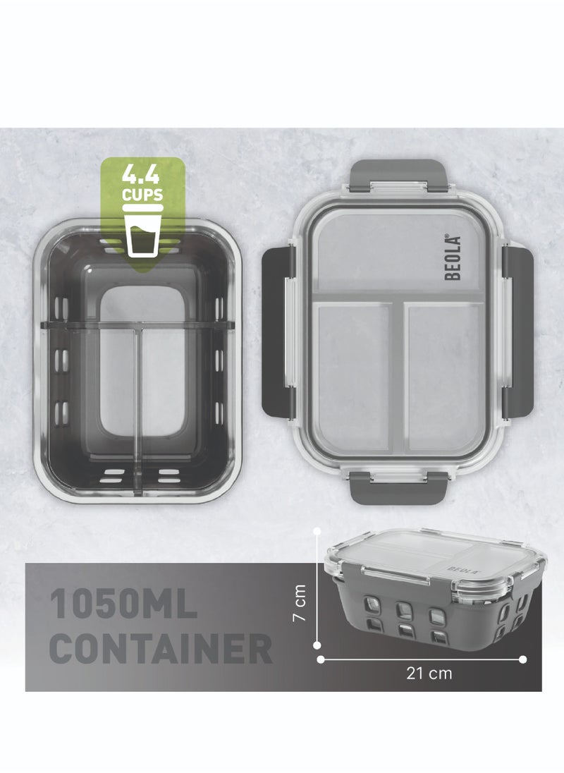 BEOLA BEOLA 3 Compartment Glass Food Storage Container with Airtight Lid and Silicone Protection, Individually Sealed 3 Section Meal Prep Container, Freezer, Dishwasher, Microwave Safe, 1050ml(Lava Gray)  - Image 3