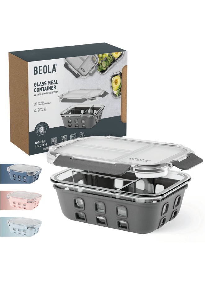BEOLA BEOLA 3 Compartment Glass Food Storage Container with Airtight Lid and Silicone Protection, Individually Sealed 3 Section Meal Prep Container, Freezer, Dishwasher, Microwave Safe, 1050ml(Lava Gray)  - Image 1
