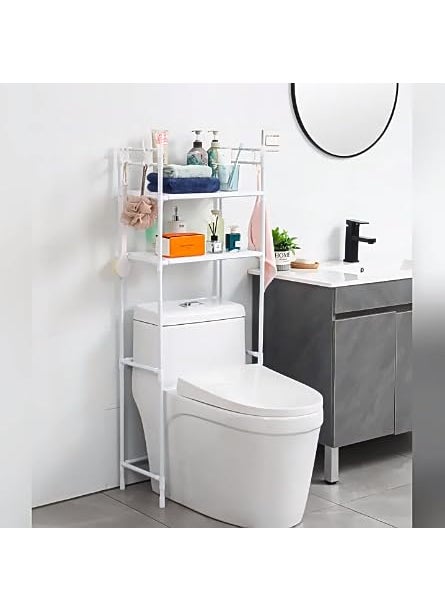 VBM Over The Toilet Storage Rack 2 Tier Bathroom Organizer Over Toilet Freestanding Space Saver Toilet Stand with 4 Hooks Bathroom Storage Shelf Easy to Assemble