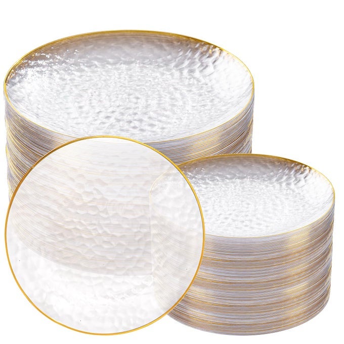 100PCS CLEAR GOLD PLASTIC PLATES DISPOSABLE PLATES WITH GOLD RIM HEAVYDUTY PARTY PLATOS HAMMERED PLASTIC PLATES INCLUDE 50 CLEAR DESSERT PLATOS 50 DINNER PLATOS FOR PARTY