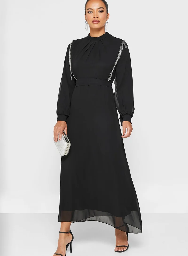 Khizana Embellished Trim Belted Dress