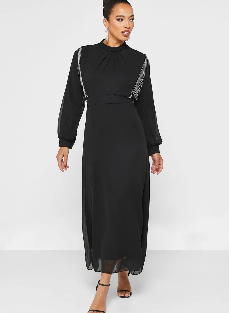 Khizana Embellished Trim Belted Dress