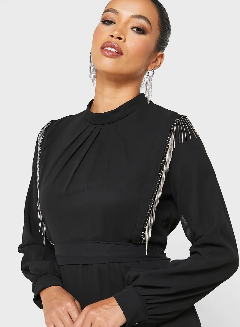 Khizana Embellished Trim Belted Dress