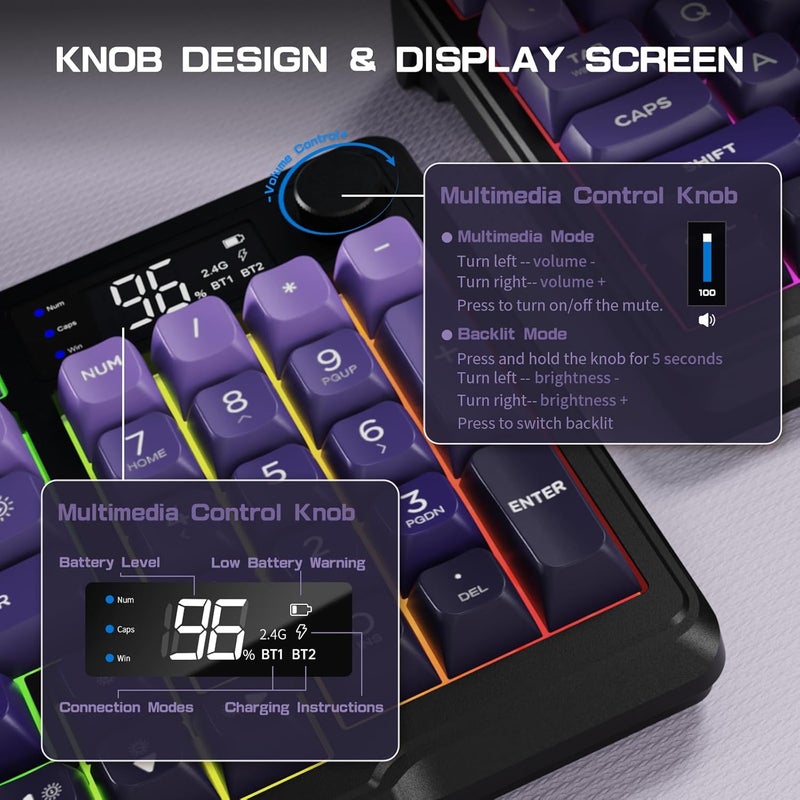 LexonElec M96 Dual Mode Wireless Gaming Keyboard with 2.4G and BT5.0, 94 Keys Membrane Semi-Mechanical Gradient PBT Keycap with Smart Display and Button, Rainbow Backlit, 3000mAh for Mac/Win - Purple - Image 4