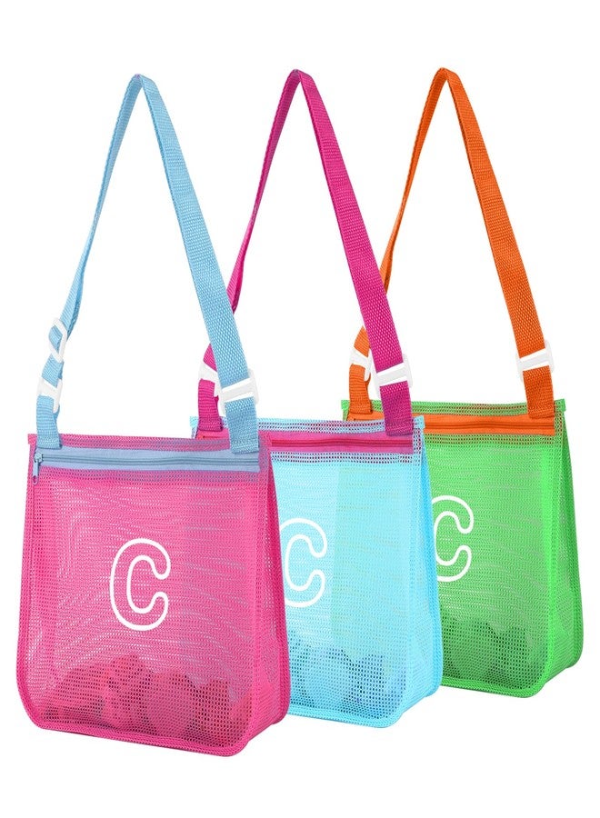 Iqimott 3Pcs Personalized Kids Beach Shell Bag, Initial Seashell Mesh Zipper Beach Pouch, Shell Collecting Bag for Holding Shells with Adjustable Straps, Sand Toys Swim Pouch Gift for Girl Boy Teens(Letter C) - Image 1