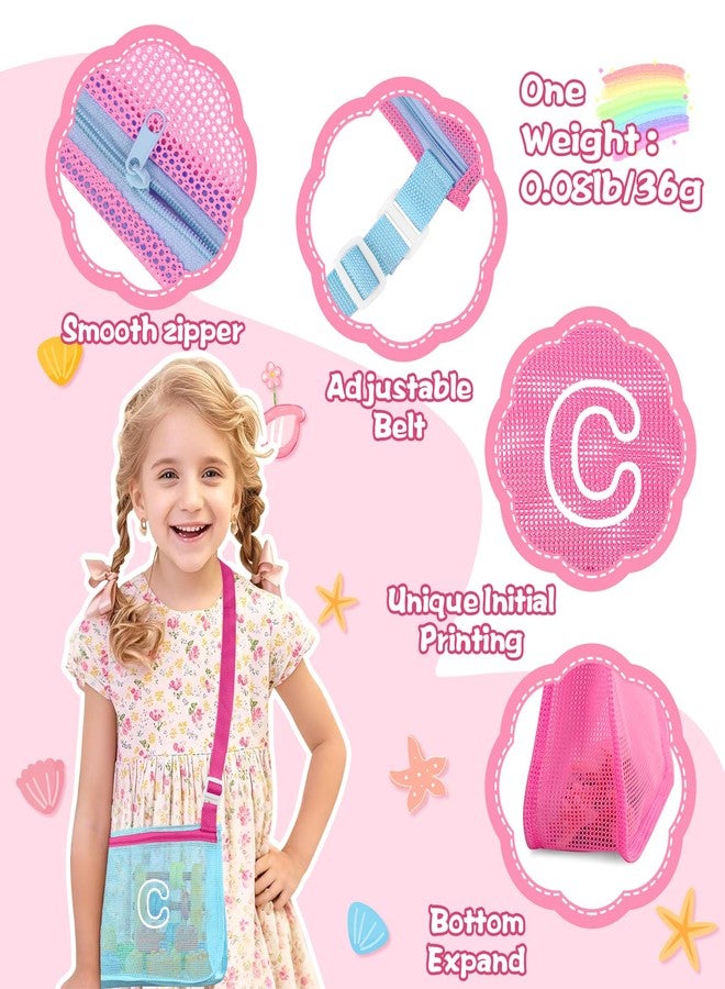 Iqimott 3Pcs Personalized Kids Beach Shell Bag, Initial Seashell Mesh Zipper Beach Pouch, Shell Collecting Bag for Holding Shells with Adjustable Straps, Sand Toys Swim Pouch Gift for Girl Boy Teens(Letter C) - Image 3