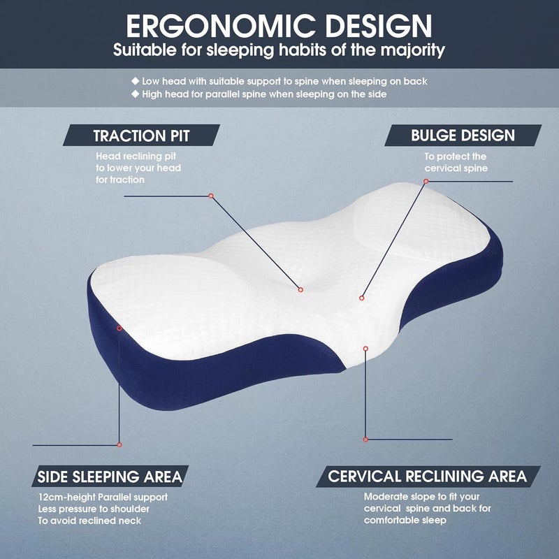 CELFER Memory Foam Bed Pillow - Ergonomic Cervical Neck Support for Pain Relief (Navy Blue) - Image 2