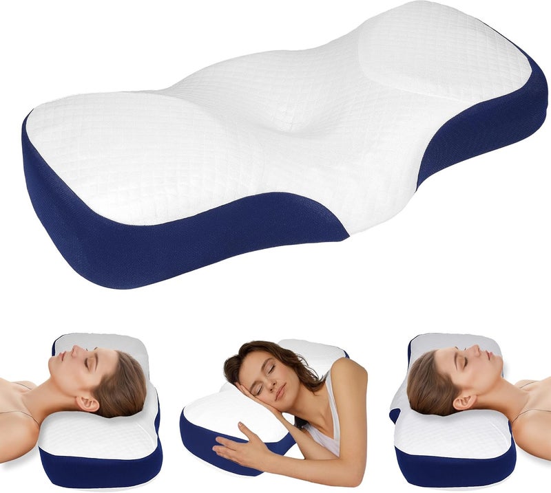 CELFER Memory Foam Bed Pillow - Ergonomic Cervical Neck Support for Pain Relief (Navy Blue) - Image 1