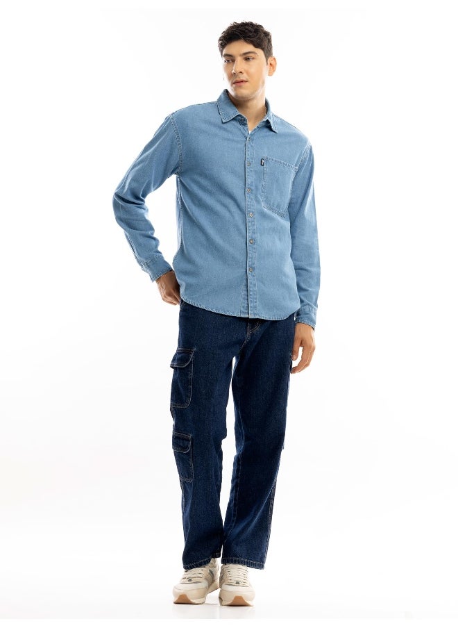 Beyoung Light Blue Contrast Stitch Men's Denim Shirt  - Image 3