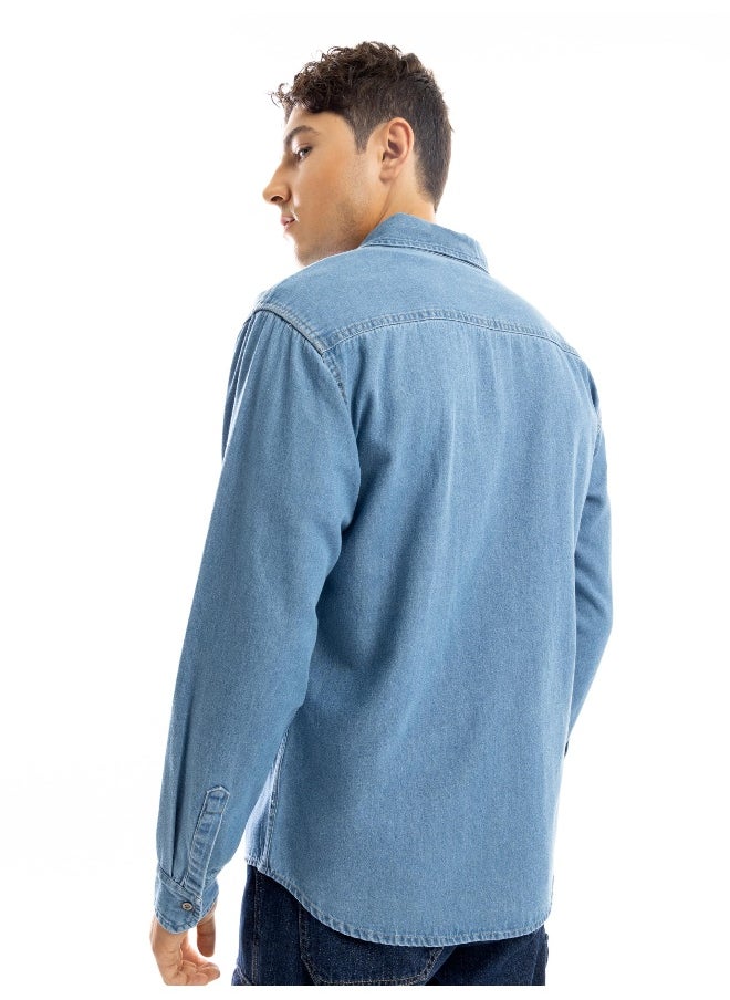Beyoung Light Blue Contrast Stitch Men's Denim Shirt  - Image 4