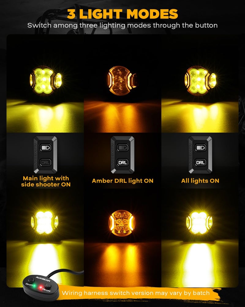 Auxbeam V-Ultra Series 3 Inch 108W Amber Fog Light Pods, DRL Function 3 Modes & Protective Covers, 270Â° Side Shooter Light Bar, Hyper Spot Beam Offroad Lights, for Truck ATV UTV Car Motorcycle, Pair - Image 4