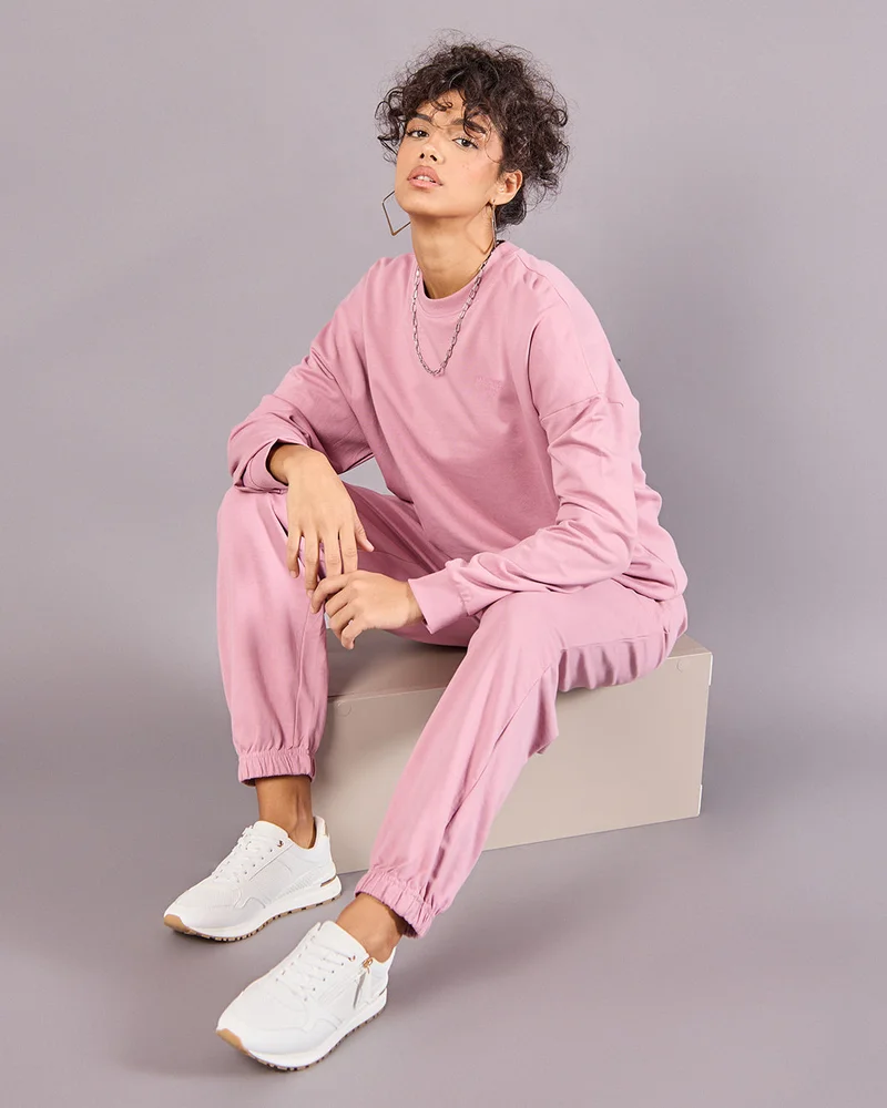 REDTAG Women Mauve Solid Round Neck Sweatshirt