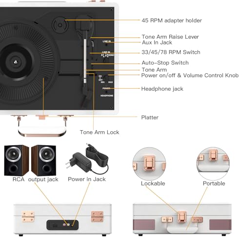 Retrolife Record Player 3 Speed Bluetooth Portable Suitcase Vinyl Player with Built-in Speakers Turntable Enhanced Audio Sound PU Leather Vintage Turntable - Image 4