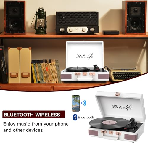 Retrolife Record Player 3 Speed Bluetooth Portable Suitcase Vinyl Player with Built-in Speakers Turntable Enhanced Audio Sound PU Leather Vintage Turntable - Image 2