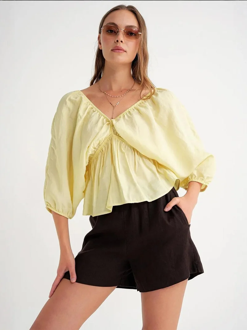 Mixray V-Neck Blouse with Ruffle Detail