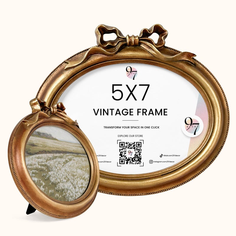 97 Decor Gold Oval Frame 5x7 - Vintage Picture Frames 5x7  Antique Bow Frame 5 x 7 With Glass Front For Tabletop Photo Display And Wall Hanging  Vintage Wall Decor - Image 1