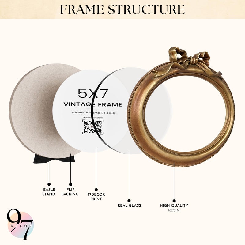 97 Decor Gold Oval Frame 5x7 - Vintage Picture Frames 5x7  Antique Bow Frame 5 x 7 With Glass Front For Tabletop Photo Display And Wall Hanging  Vintage Wall Decor - Image 3