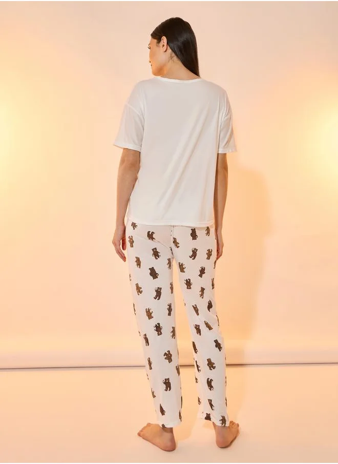 Take Two Bear Print Short Sleeves T-Shirt & Pyjama Set