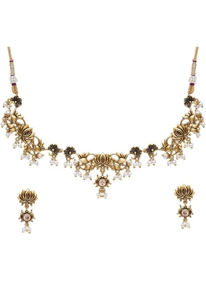 VOYLLA VOYLLA Apsara Lotus Motif Filigree Plated Brass Jewellery Set