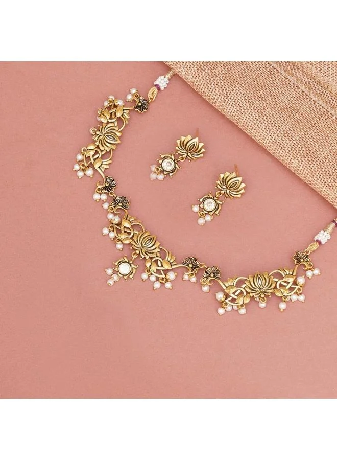 VOYLLA VOYLLA Apsara Lotus Motif Filigree Plated Brass Jewellery Set