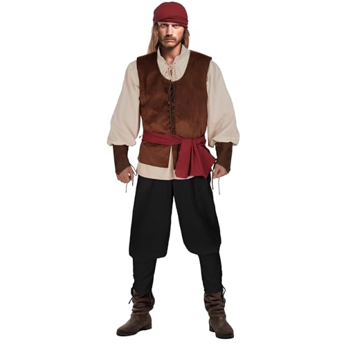 IWQBQ Men's Pirate Costume 5 Pcs Medieval Renaissance Outfits Halloween Viking Set(Z3601,M) - Image 2