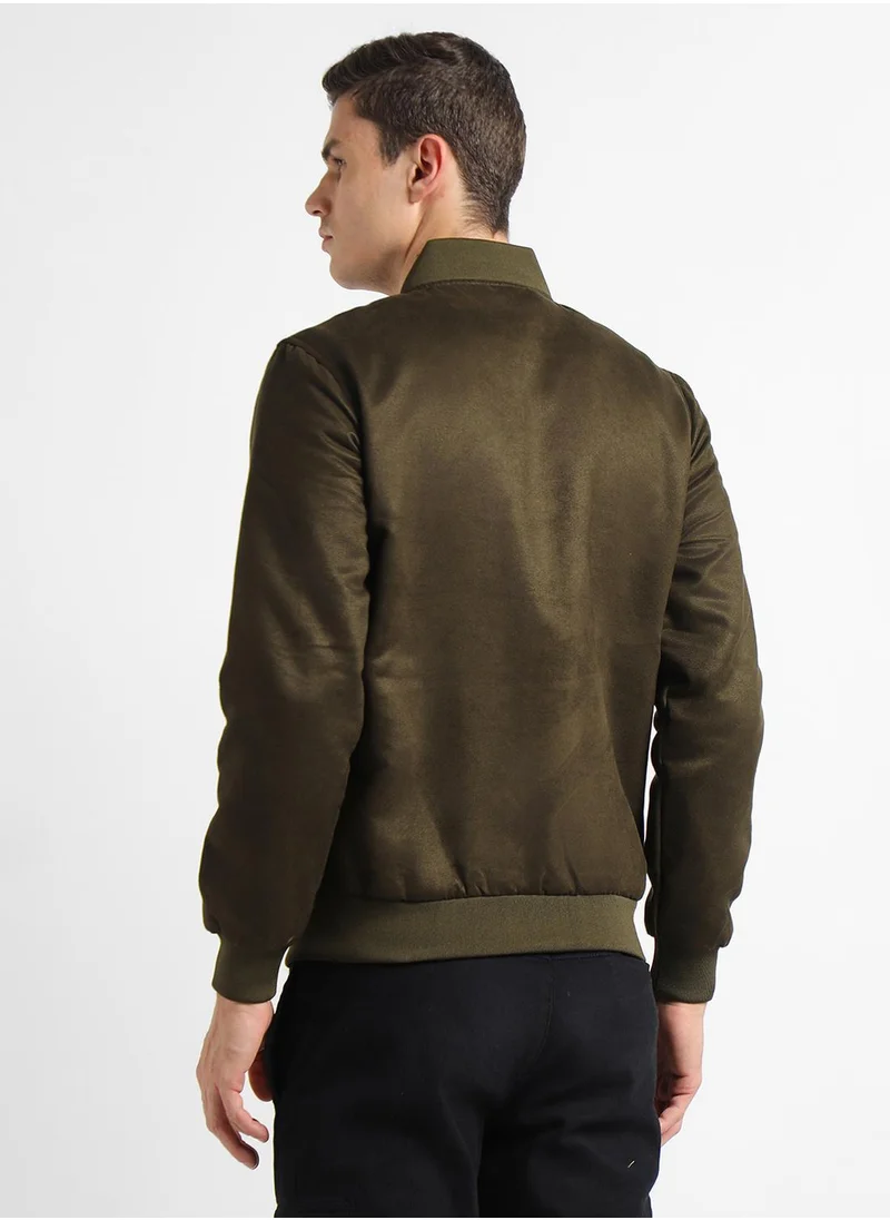 دينيس لينغو Olive Regular Fit Men's Solid Rib Collar Full Sleeves Polyester Jacket with Zipper Closure