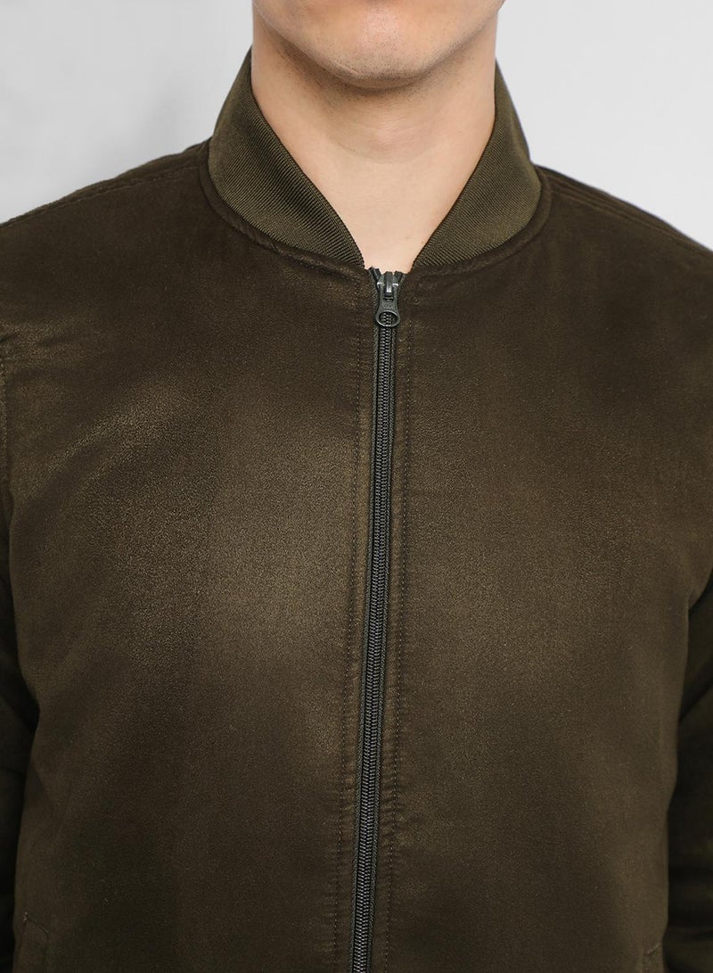 Dennis Lingo Olive Regular Fit Men's Solid Rib Collar Full Sleeves Polyester Jacket with Zipper Closure  - Image 3