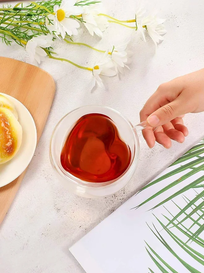 1 تشيس 1CHASE Heart Shaped Double Wall Glass Coffee Mug With Handle, 250ml