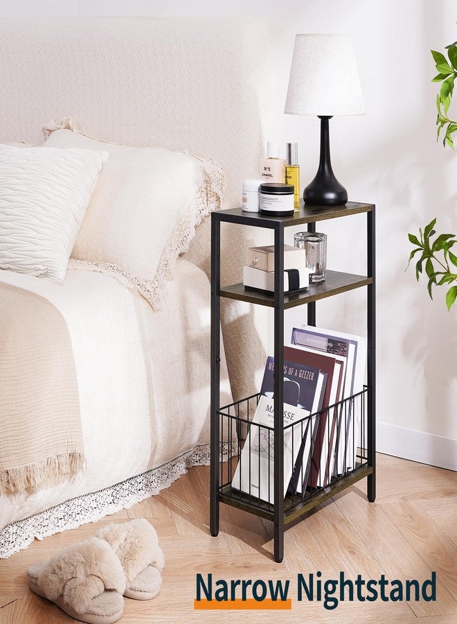 Yoobure Narrow Side Table with Storage Basket, Small End Table for Small Spaces Skinny Side Tables Living Room Bedroom, Slim Nightstand 3 Tier Bedside Table Space-Saving for Magazine, Rustic Brown - Image 5