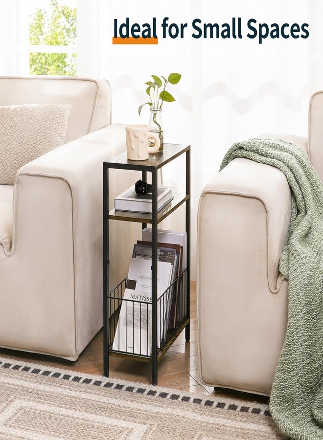 Yoobure Narrow Side Table with Storage Basket, Small End Table for Small Spaces Skinny Side Tables Living Room Bedroom, Slim Nightstand 3 Tier Bedside Table Space-Saving for Magazine, Rustic Brown - Image 4