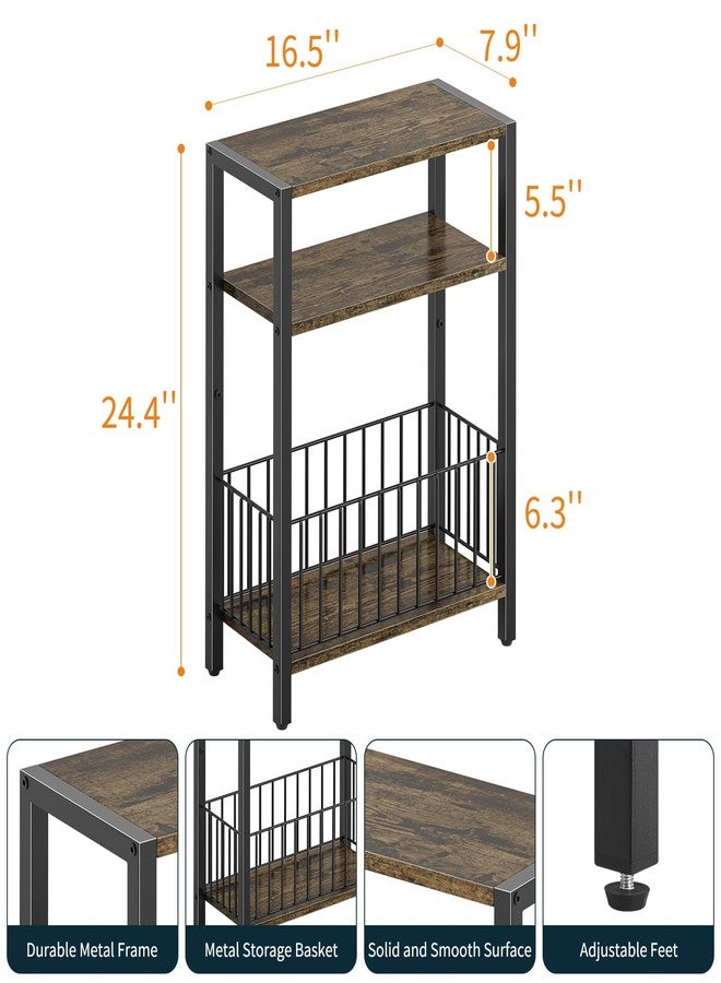 Yoobure Narrow Side Table with Storage Basket, Small End Table for Small Spaces Skinny Side Tables Living Room Bedroom, Slim Nightstand 3 Tier Bedside Table Space-Saving for Magazine, Rustic Brown - Image 3