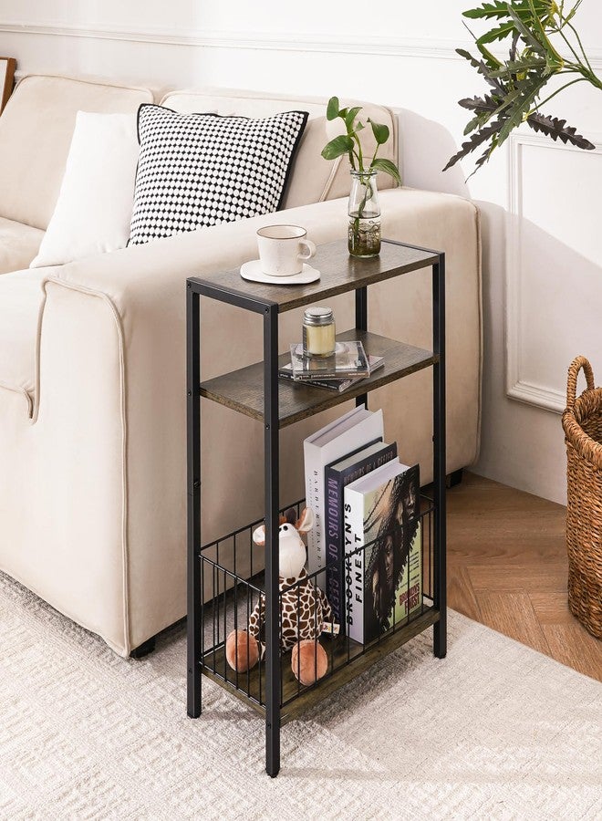 Yoobure Narrow Side Table with Storage Basket, Small End Table for Small Spaces Skinny Side Tables Living Room Bedroom, Slim Nightstand 3 Tier Bedside Table Space-Saving for Magazine, Rustic Brown - Image 2