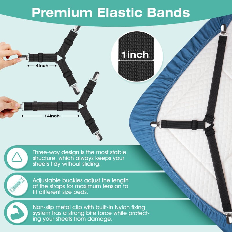 Olpad مجموعة أحزمة ملاءات السرير، مشابك مرنة مع مشابك معدنية، حوامل ملاءات للأركان، مشابك ملاءات مثبتة للحفاظ على الملاءات في مكانها، مشابك ملاءات مع أحزمة سرير قابلة للتعديل - Image 5