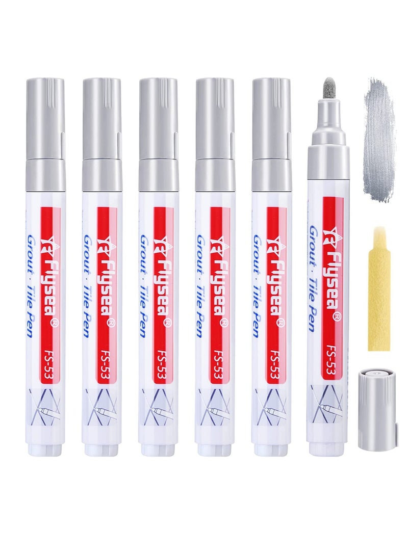 SYOSI 6 Pieces Tile Pen Wall Grout Restorer Pen Repair Marker Grout Filler Pen for Restoring Tile Grout Wall Floor Bathrooms and Kitchen Silver  - Image 1