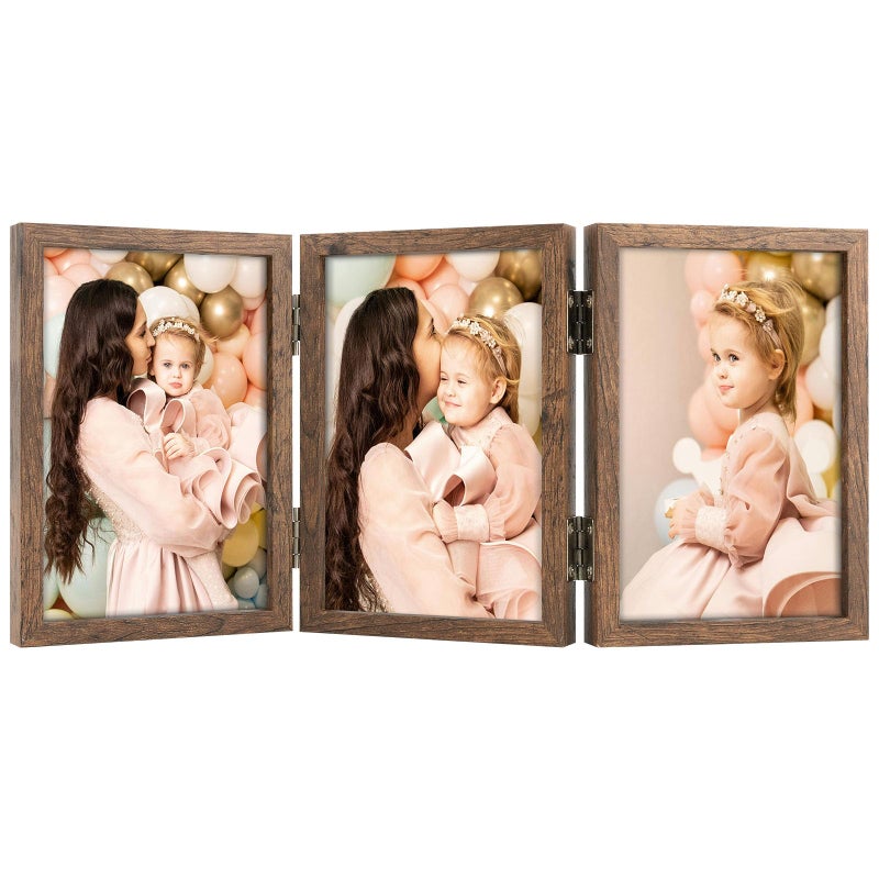 Space Art Deco 4x6 إطارات مفصلية ثلاثية 3 إطار صورة قابلة للطي Triptych الصورة قفًا رأسيًا على سطح المكتب أو الطاولة البنية - Image 1