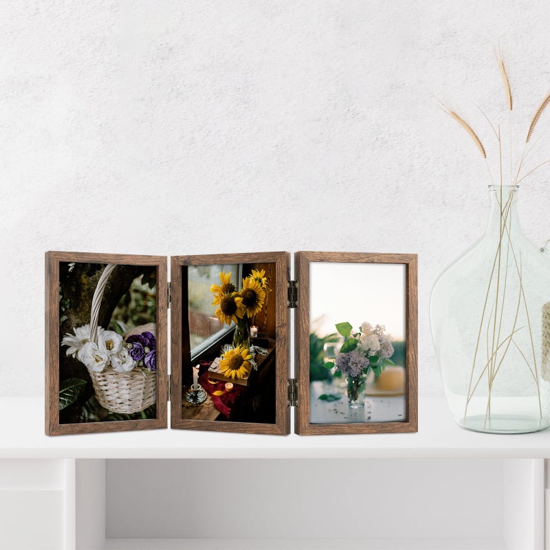 Space Art Deco 4x6 إطارات مفصلية ثلاثية 3 إطار صورة قابلة للطي Triptych الصورة قفًا رأسيًا على سطح المكتب أو الطاولة البنية - Image 3