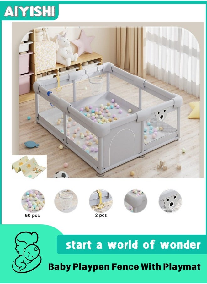 AIYISHI Baby Playpen Fence With Playmat, Infant Indoor And Outdoor Kids Activity Center With crawling mat，50 Pieces Ocean Balls,Basket ,Hand pull ring 120x150CM/150*180CM  - Image 1
