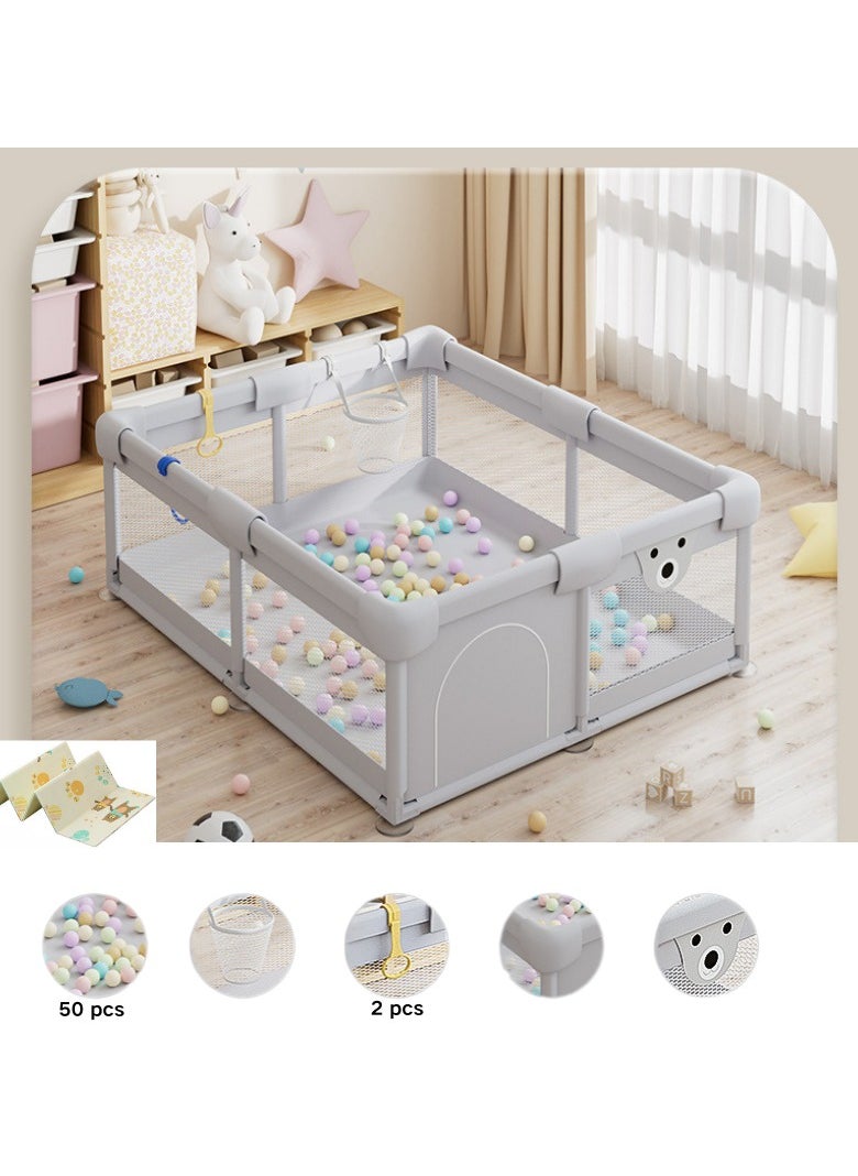 AIYISHI Baby Playpen Fence With Playmat, Infant Indoor And Outdoor Kids Activity Center With crawling mat，50 Pieces Ocean Balls,Basket ,Hand pull ring 120x150CM/150*180CM  - Image 2