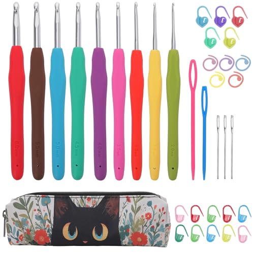 Crochetbox Crochet Hooks Set, 9 Size 2mm(B)-6mm(J) Ergonomic Handles Crochet Hooks with Case for Arthritic Hands, Kintting Needle with Crocheting Tool for Crocheters - Image 1