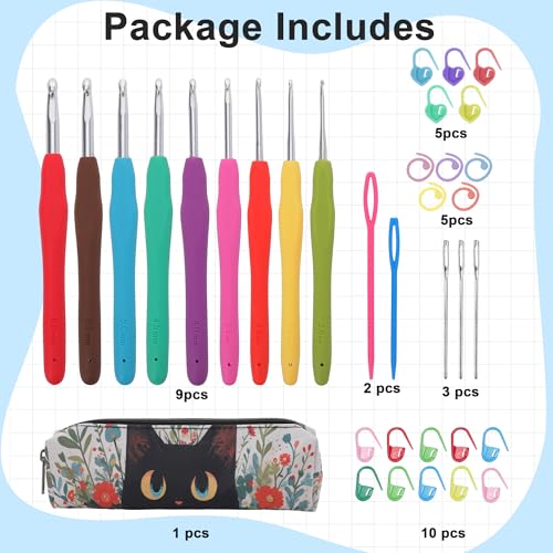 Crochetbox Crochet Hooks Set, 9 Size 2mm(B)-6mm(J) Ergonomic Handles Crochet Hooks with Case for Arthritic Hands, Kintting Needle with Crocheting Tool for Crocheters - Image 5