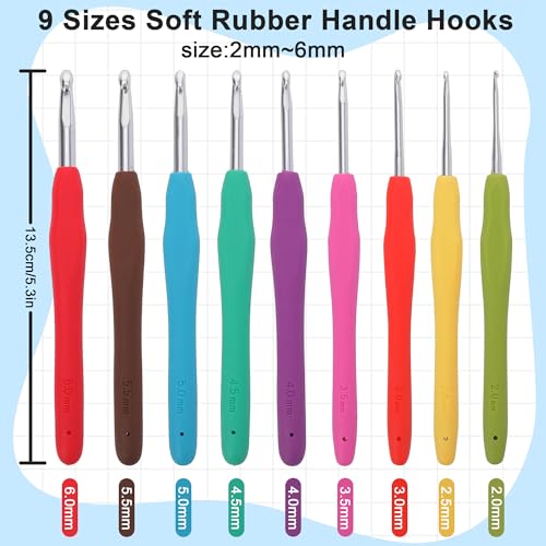 Crochetbox Crochet Hooks Set, 9 Size 2mm(B)-6mm(J) Ergonomic Handles Crochet Hooks with Case for Arthritic Hands, Kintting Needle with Crocheting Tool for Crocheters - Image 2