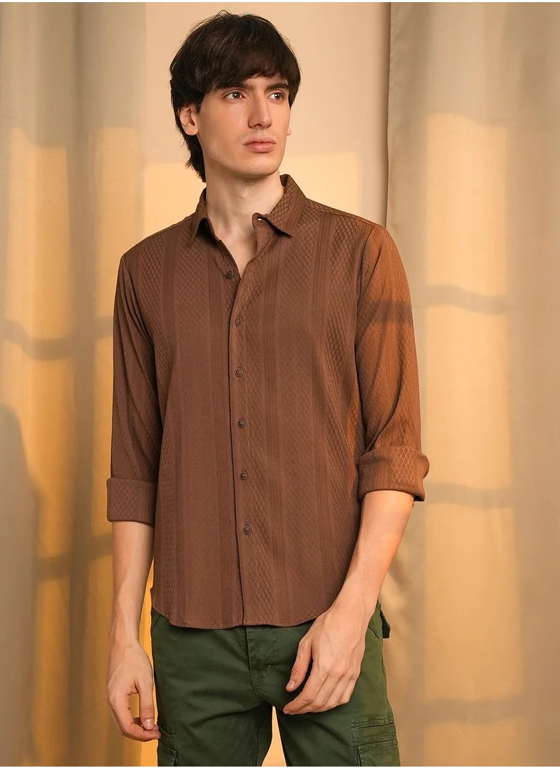 Campus Sutra Men's Chocolate Brown Mesh-Textured Knit Shirt