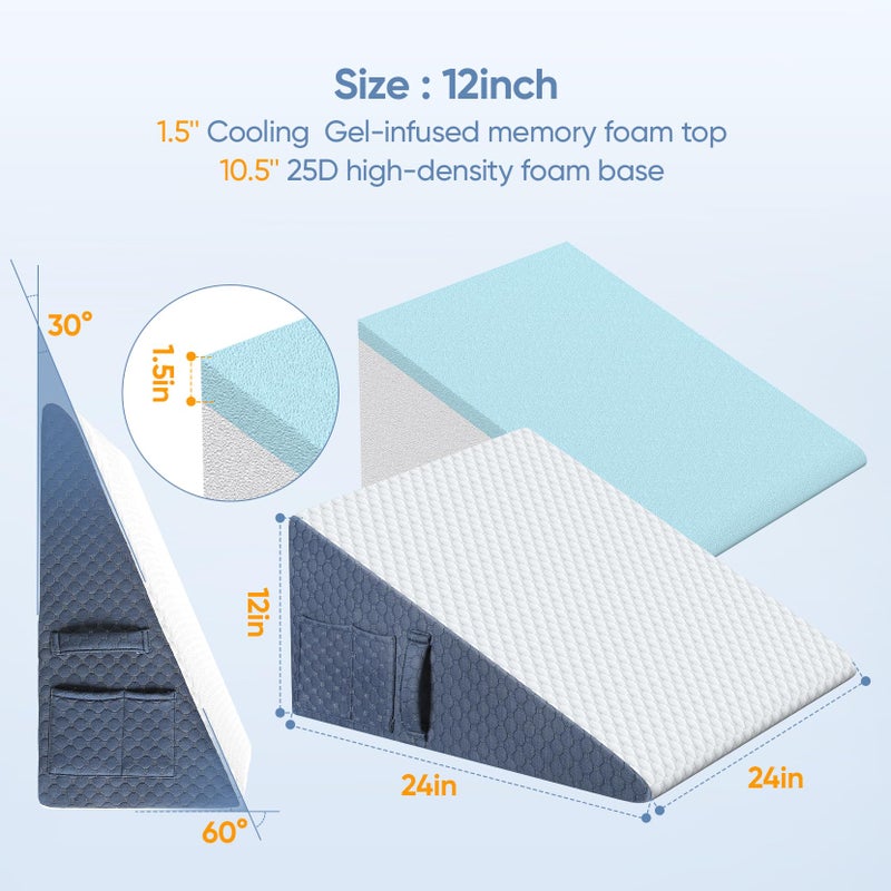 Welzona 12inch Wedge Pillow for Sleep, Updated Bed Wedge, Acid Reflux, Heartburn, GERD, Neck Pain, Cooling Memory Foam Top, Removable Washable Cover Incline Wedge Pillow for Improved Sleep - Image 2