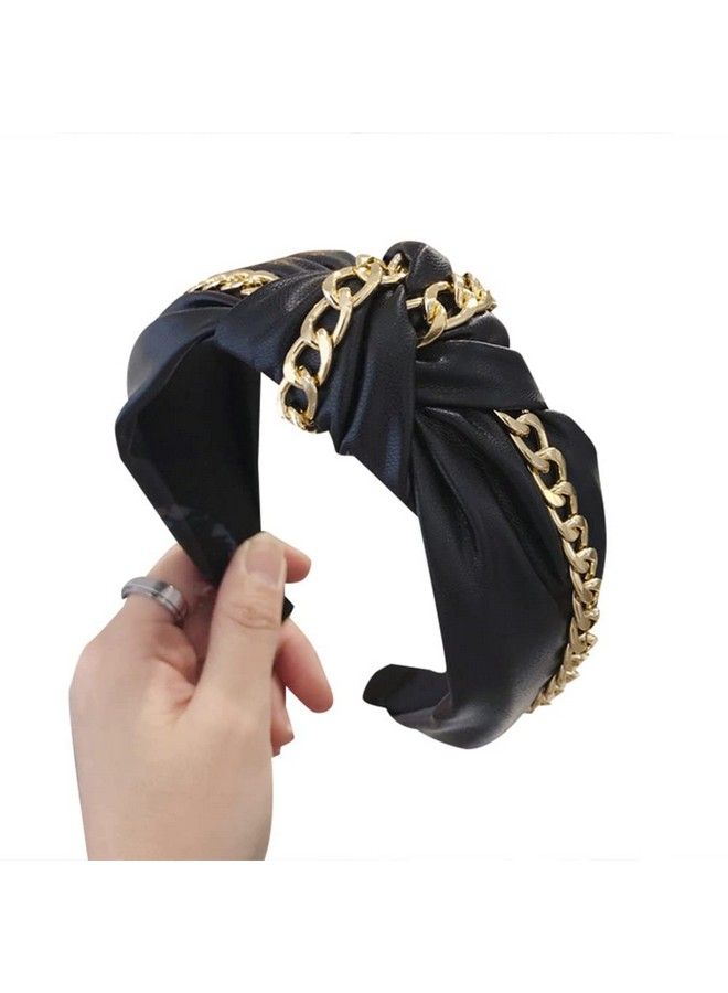 Wiwpar Knotted Headbands For Women Fashion Wide Headband Vintage Knotted Head Band Hair Hoop Hair Accessories With Metal Chain (Black) - Image 3