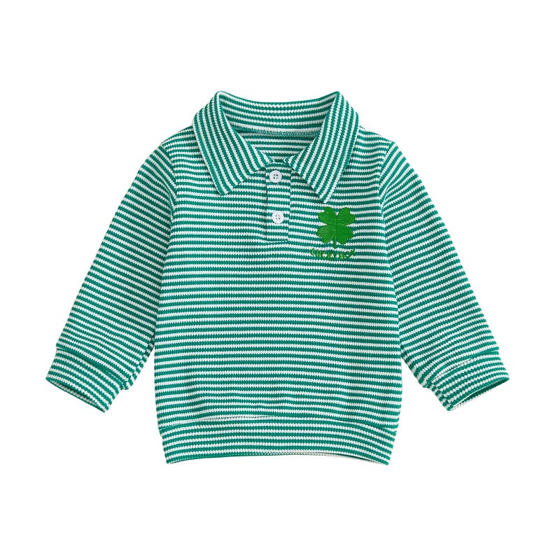 GOOCHEER Toddler Baby Boy St. Patrickâ€™s Day Outfit Clover Letter Waffle Striped Long Sleeve Polo Shirt Button-up Pullover Top (Green, 4-5 Years) - Image 1