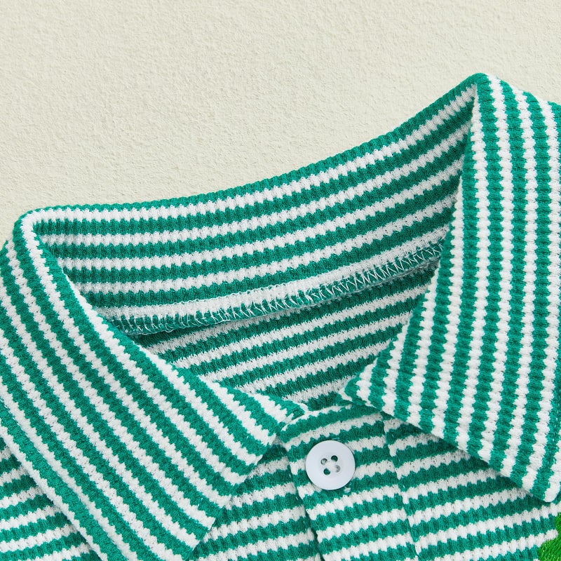 GOOCHEER Toddler Baby Boy St. Patrickâ€™s Day Outfit Clover Letter Waffle Striped Long Sleeve Polo Shirt Button-up Pullover Top (Green, 4-5 Years) - Image 5