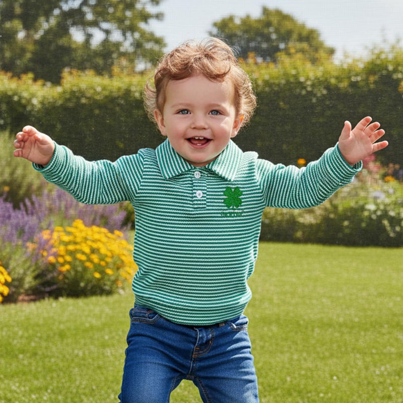 GOOCHEER Toddler Baby Boy St. Patrickâ€™s Day Outfit Clover Letter Waffle Striped Long Sleeve Polo Shirt Button-up Pullover Top (Green, 4-5 Years) - Image 3