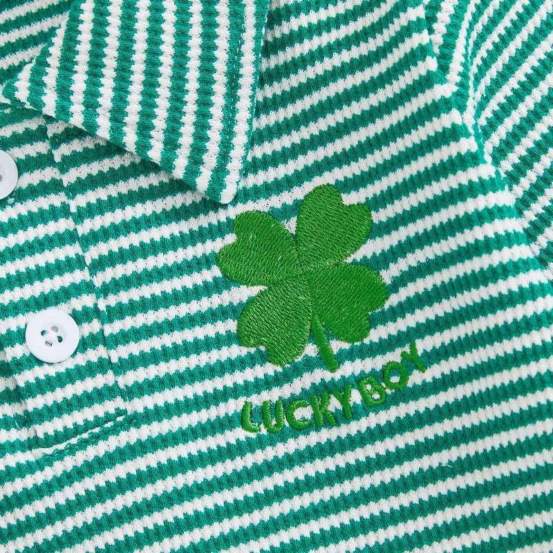 GOOCHEER Toddler Baby Boy St. Patrickâ€™s Day Outfit Clover Letter Waffle Striped Long Sleeve Polo Shirt Button-up Pullover Top (Green, 4-5 Years) - Image 4