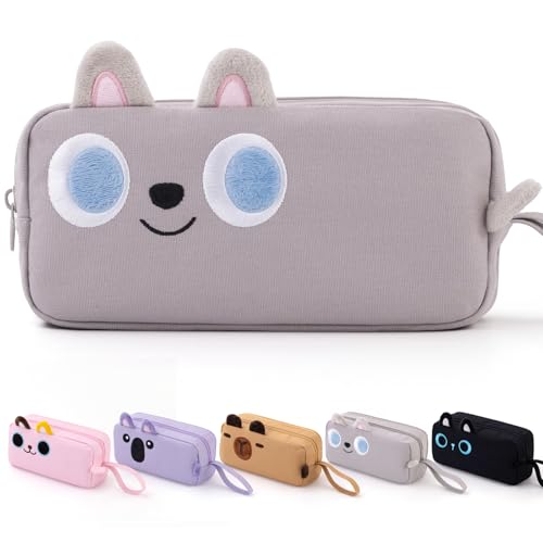 CICIMELON Cartoon Pencil Case Large Capacity Pen Pouch with Embroidered Animal Design School Supplies Bag for Kids Teens Students Gray Dog - Image 1