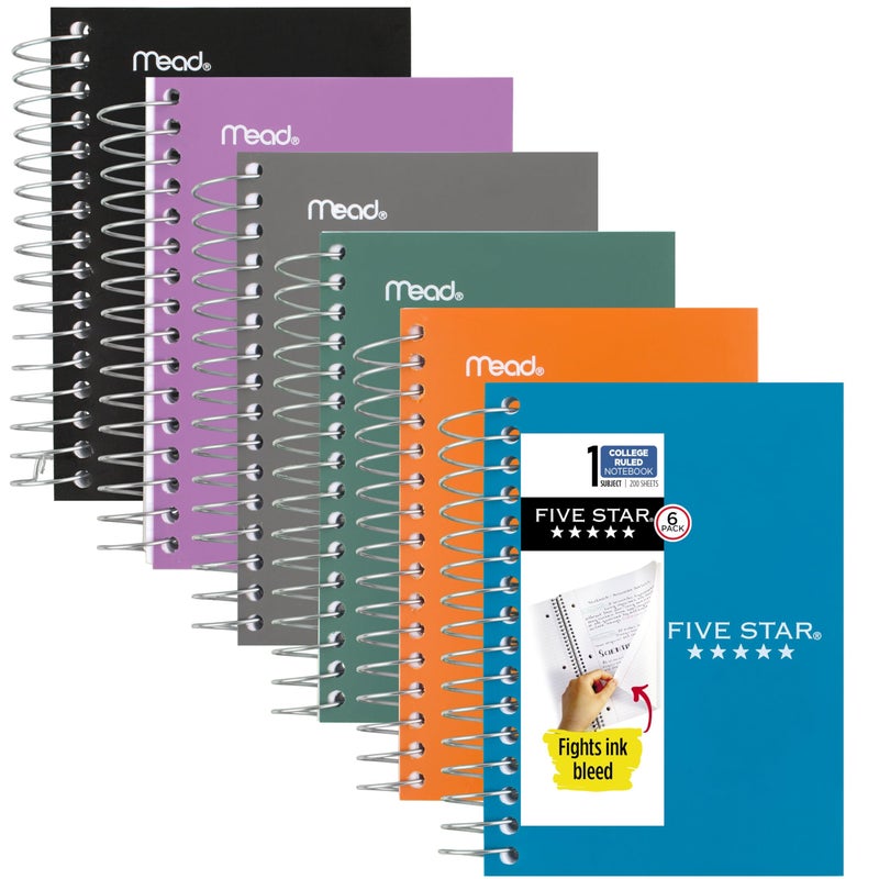 Five Star Spiral Notebook, 6 Pack, College Ruled Paper, Fat Lil' Pocket Notebooks, 3-1/2" x 5-1/2", 200 Sheets, Assorted Colors (38027) - Image 1